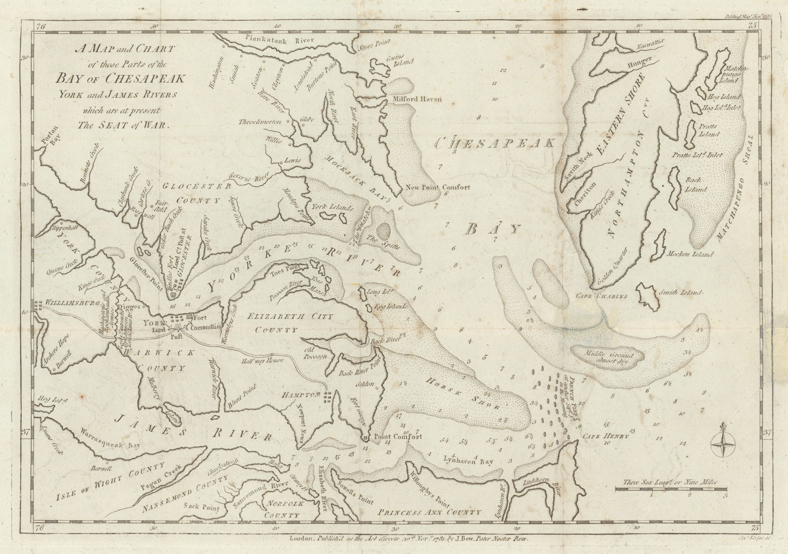 A Map and Chart of… the Bay of Chesapeak, York & James Rivers by John Lodge 1781